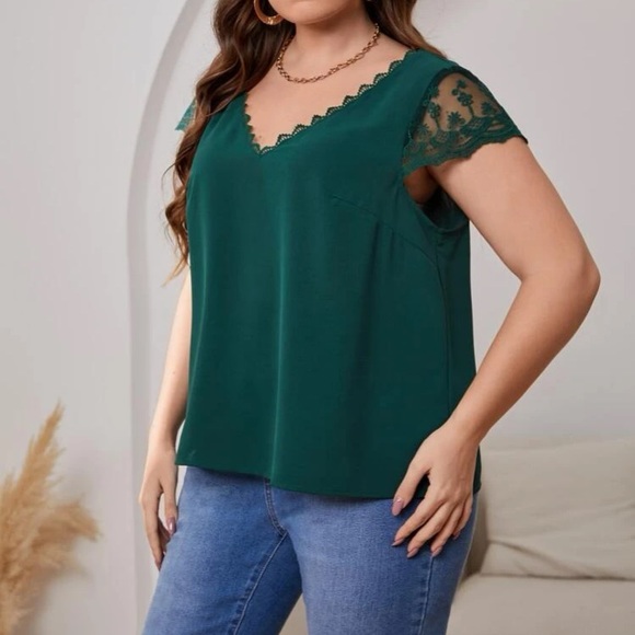 Plus size luxe contrast embroidered lace mesh blouse - Picture 13 of 16